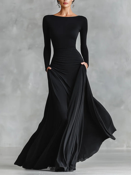 Elegant Black Maxi Dress for Women with Boat Neck Long Sleeve Pleated Formal Style