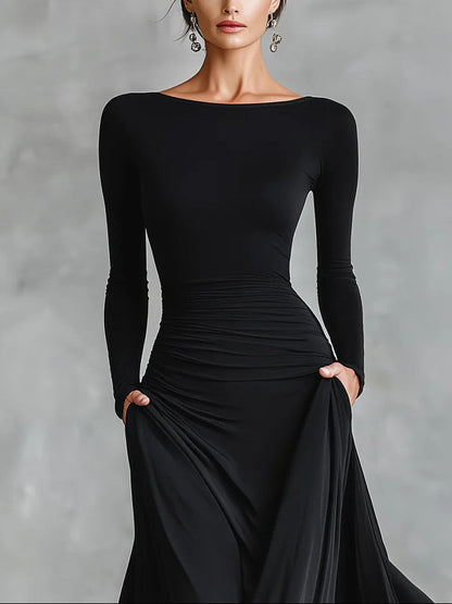 Elegant Black Maxi Dress for Women with Boat Neck Long Sleeve Pleated Formal Style