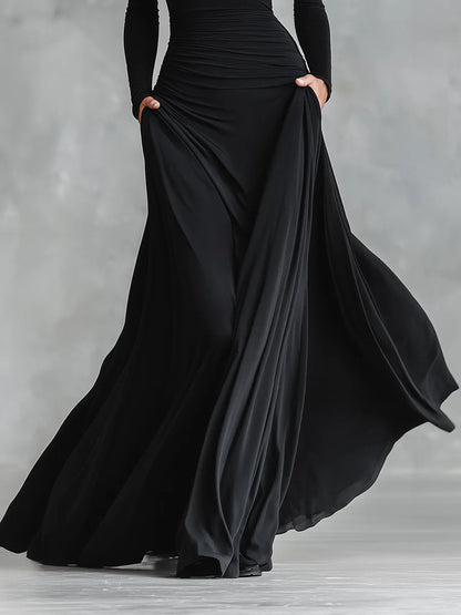 Elegant Black Maxi Dress for Women with Boat Neck Long Sleeve Pleated Formal Style