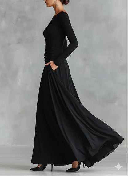 Elegant Black Maxi Dress for Women with Boat Neck Long Sleeve Pleated Formal Style
