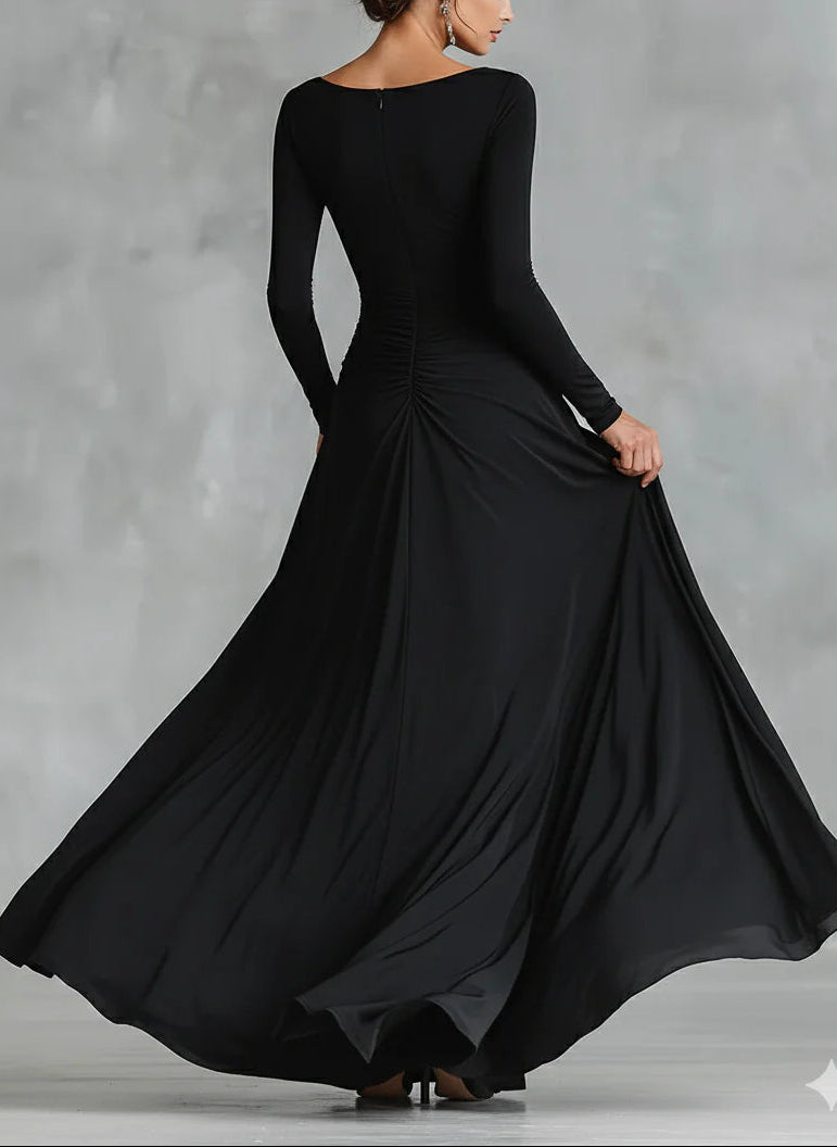 Elegant Black Maxi Dress for Women with Boat Neck Long Sleeve Pleated Formal Style