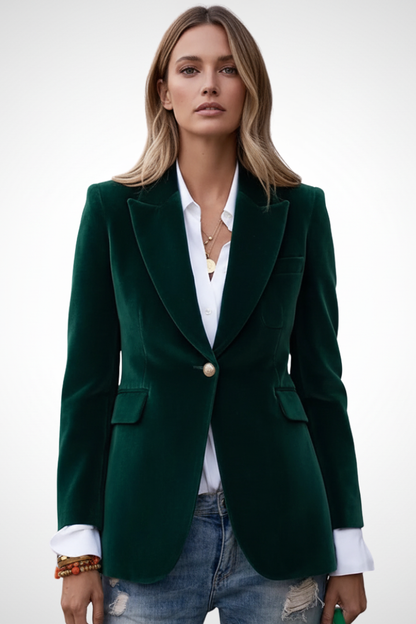 Refined Navy Velvet Blazer for Women with Peak Lapel Single Button Fitted Tailored Evening Style