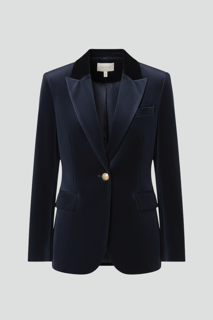 Refined Navy Velvet Blazer for Women with Peak Lapel Single Button Fitted Tailored Evening Style