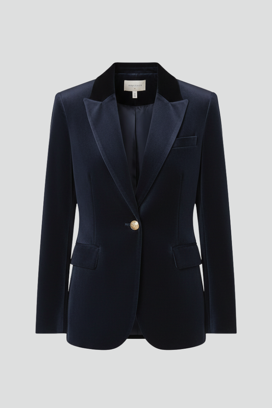 Refined Navy Velvet Blazer for Women with Peak Lapel Single Button Fitted Tailored Evening Style