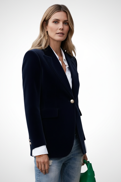 Refined Navy Velvet Blazer for Women with Peak Lapel Single Button Fitted Tailored Evening Style