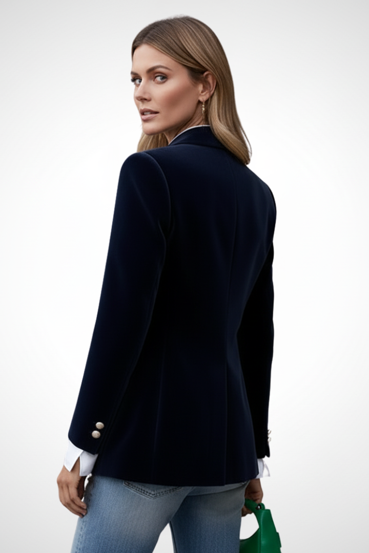 Refined Navy Velvet Blazer for Women with Peak Lapel Single Button Fitted Tailored Evening Style