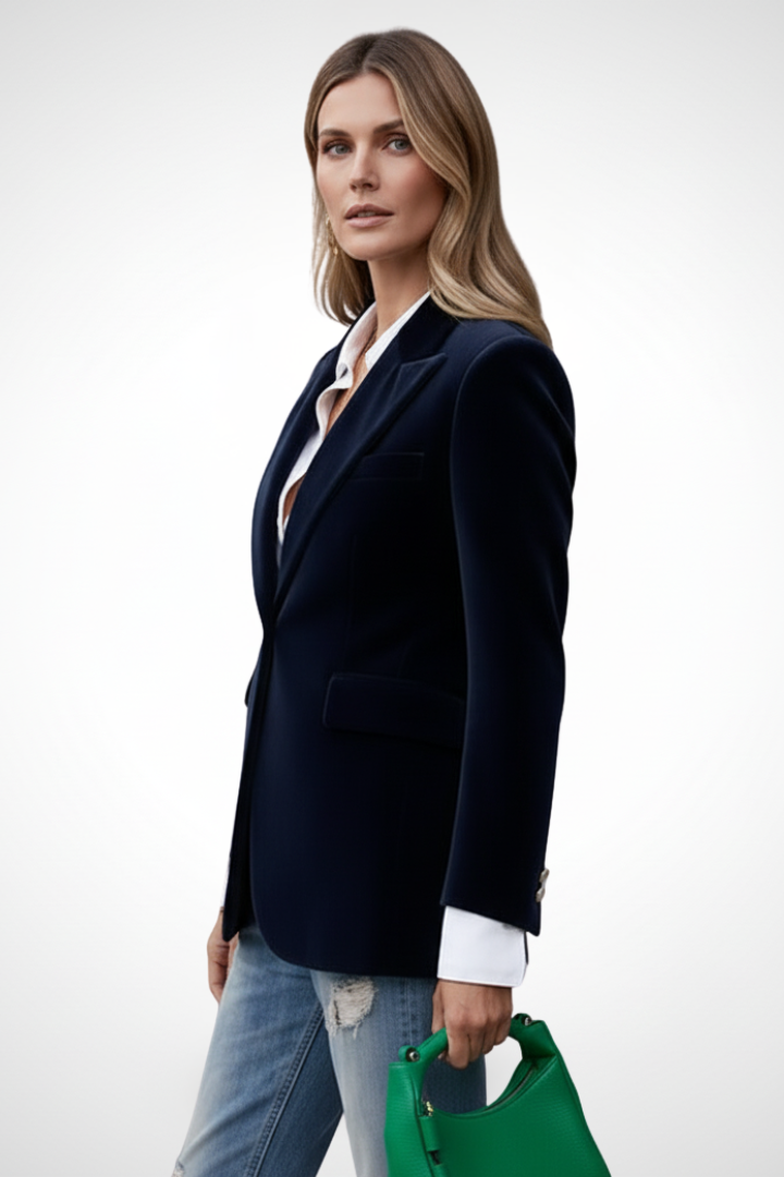 Refined Navy Velvet Blazer for Women with Peak Lapel Single Button Fitted Tailored Evening Style