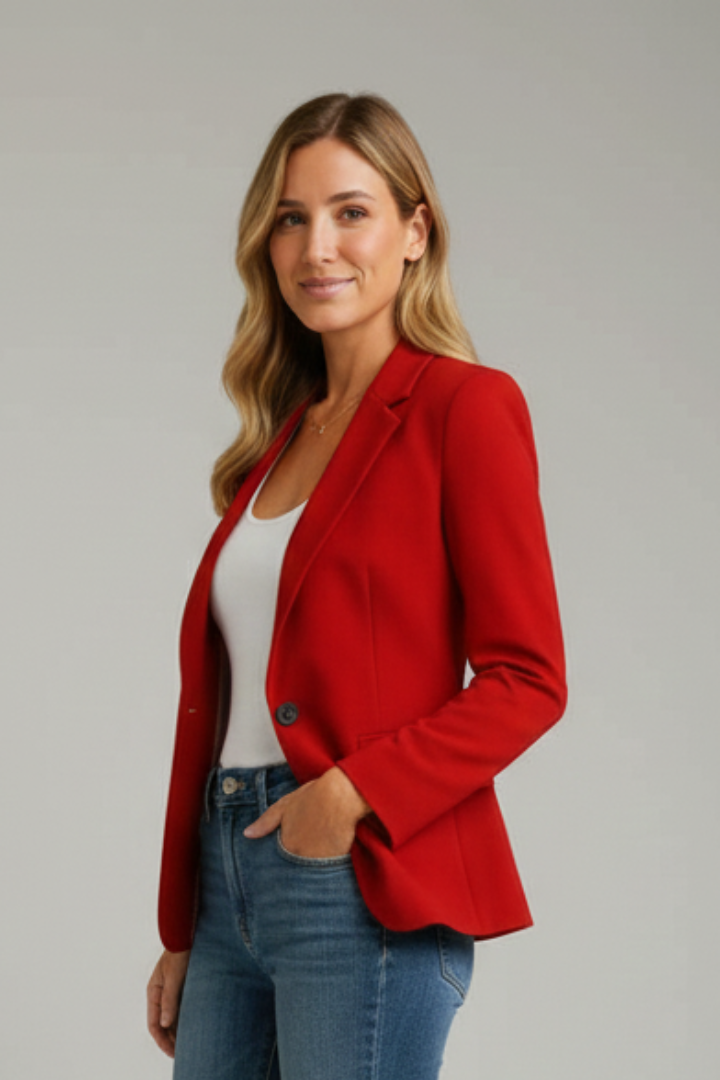 Elegant Red Blazer for Women with Notched Lapel Single Button Fitted Tailored Office Style