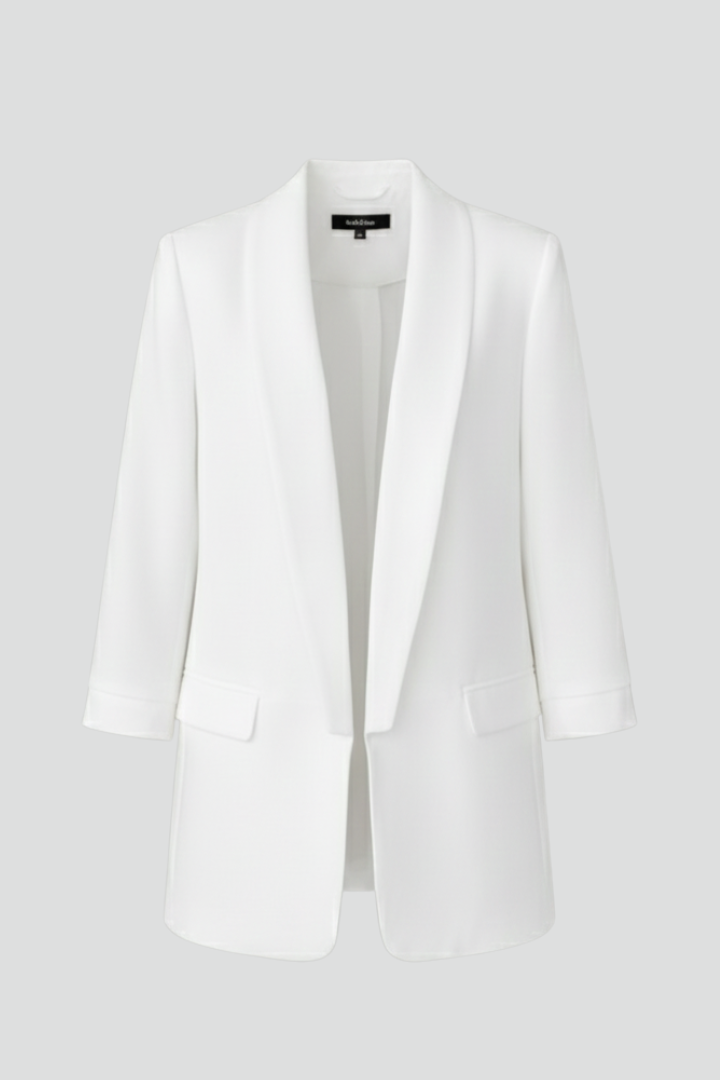 Chic White Blazer for Women with Wrap Shawl Collar Ruched Elbow Sleeve Open Front Fitted Office Style