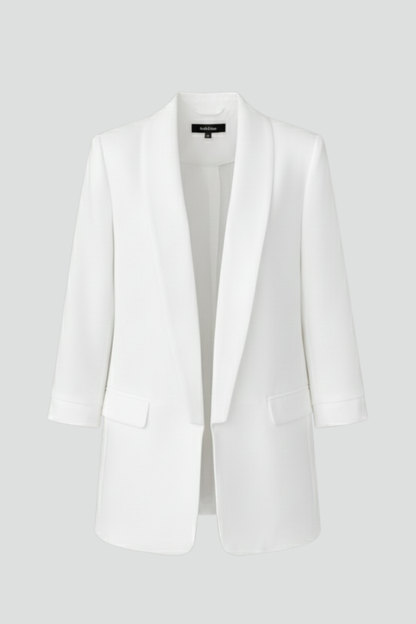 Chic White Blazer for Women with Wrap Shawl Collar Ruched Elbow Sleeve Open Front Fitted Office Style