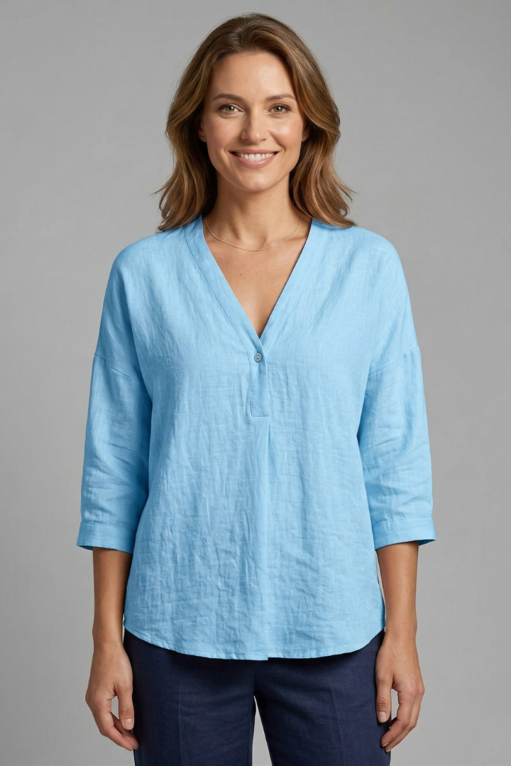 Effortless Linen Blouse for Women with V Neck Elbow Sleeve Button Placket Relaxed Style