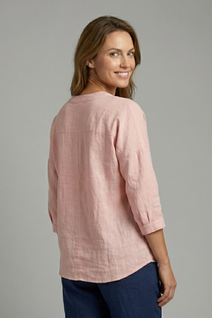 Effortless Linen Blouse for Women with V Neck Elbow Sleeve Button Placket Relaxed Style