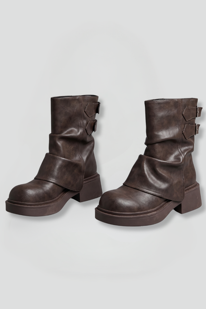 Edgy Brown Ankle Boots for Women with Buckle Strap Block Heel Chunky Moto Fall Style