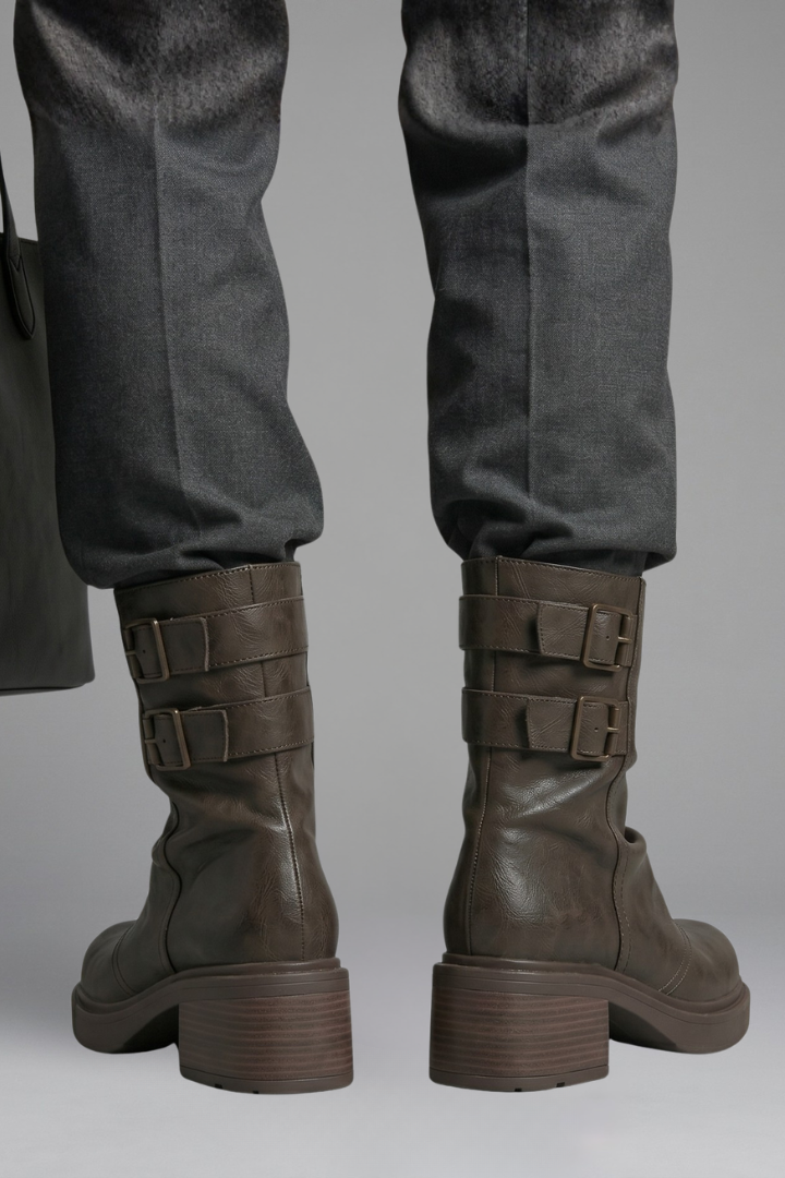 Edgy Brown Ankle Boots for Women with Buckle Strap Block Heel Chunky Moto Fall Style