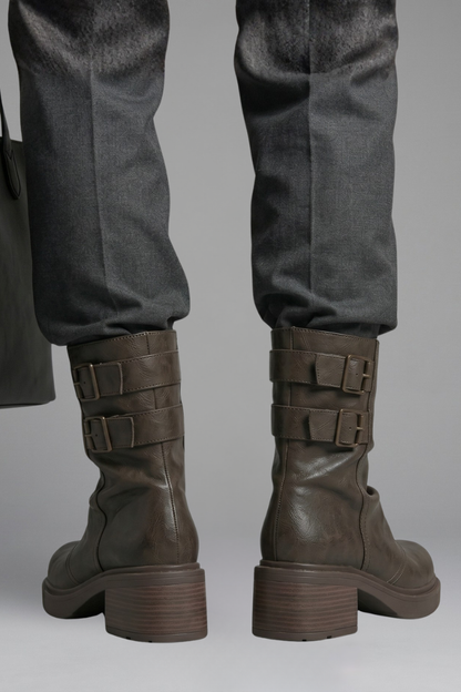 Edgy Brown Ankle Boots for Women with Buckle Strap Block Heel Chunky Moto Fall Style