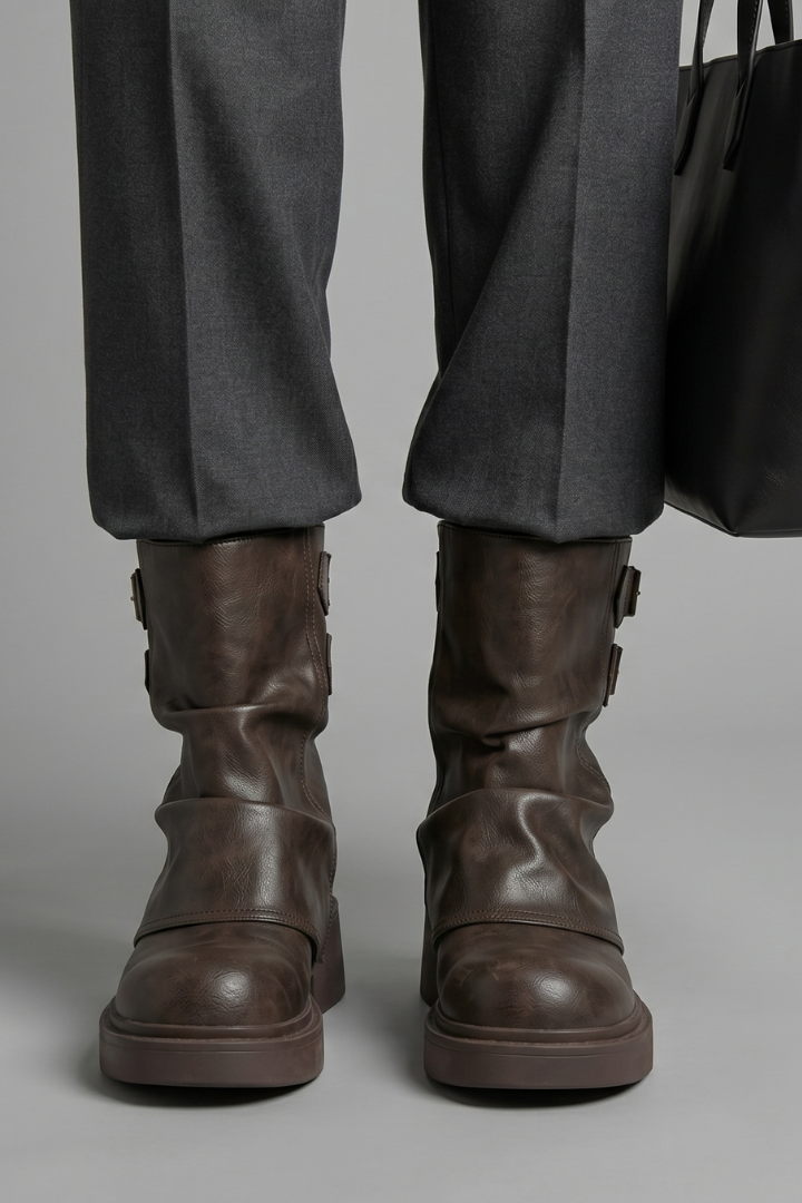 Edgy Brown Ankle Boots for Women with Buckle Strap Block Heel Chunky Moto Fall Style