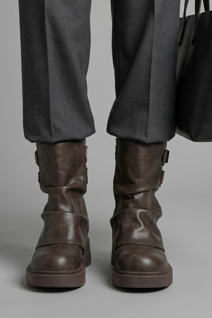 Edgy Brown Ankle Boots for Women with Buckle Strap Block Heel Chunky Moto Fall Style