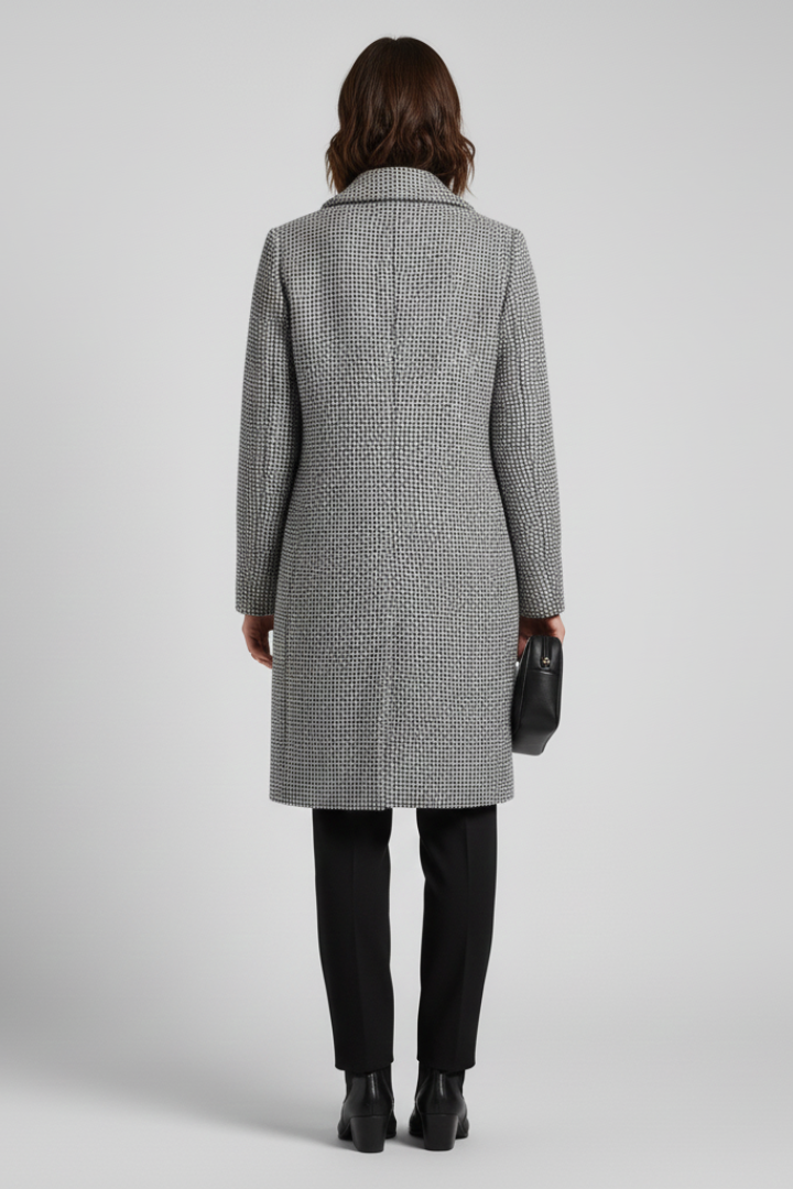 Stylish Grey Herringbone Longline Blazer for Women with Notched Lapel Single Button Woven Texture Tailored Winter Style