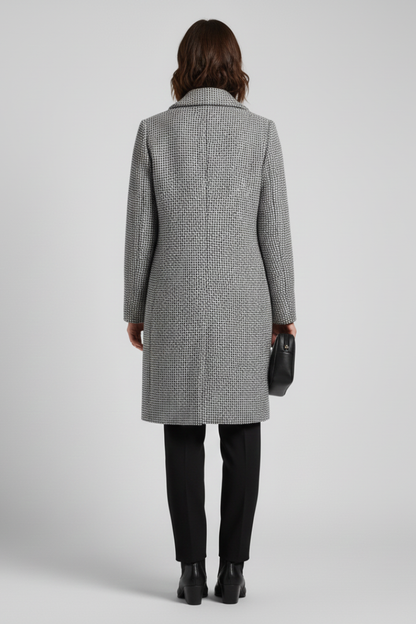 Stylish Grey Herringbone Longline Blazer for Women with Notched Lapel Single Button Woven Texture Tailored Winter Style