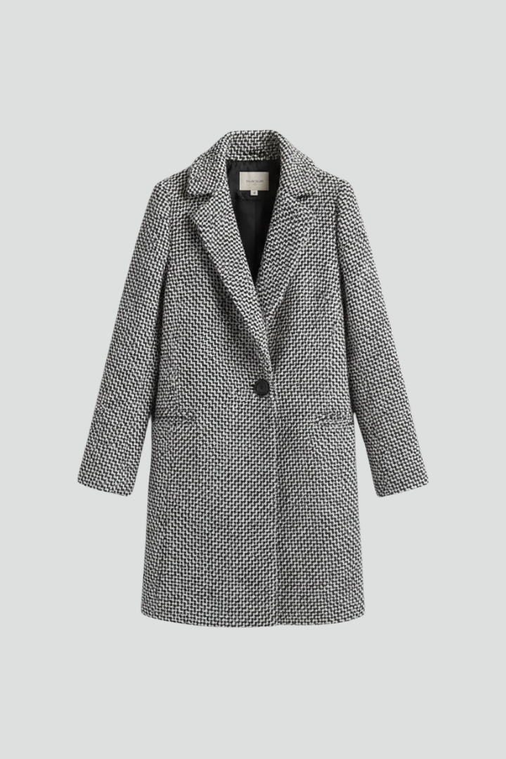 Stylish Grey Herringbone Longline Blazer for Women with Notched Lapel Single Button Woven Texture Tailored Winter Style
