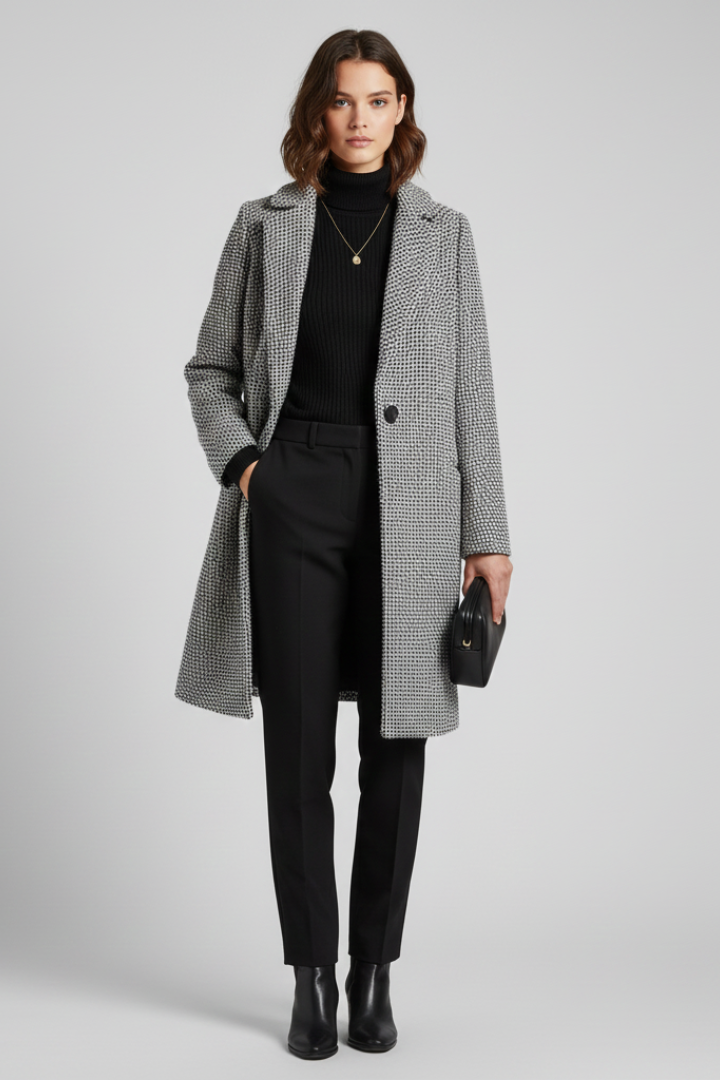 Stylish Grey Herringbone Longline Blazer for Women with Notched Lapel Single Button Woven Texture Tailored Winter Style