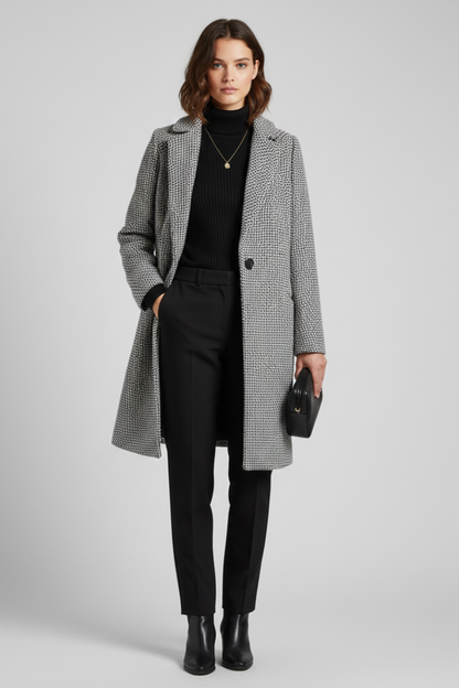 Stylish Grey Herringbone Longline Blazer for Women with Notched Lapel Single Button Woven Texture Tailored Winter Style