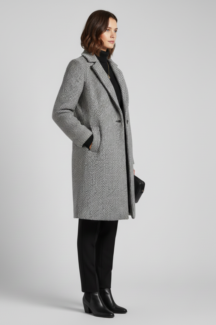 Stylish Grey Herringbone Longline Blazer for Women with Notched Lapel Single Button Woven Texture Tailored Winter Style