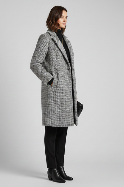 Stylish Grey Herringbone Longline Blazer for Women with Notched Lapel Single Button Woven Texture Tailored Winter Style