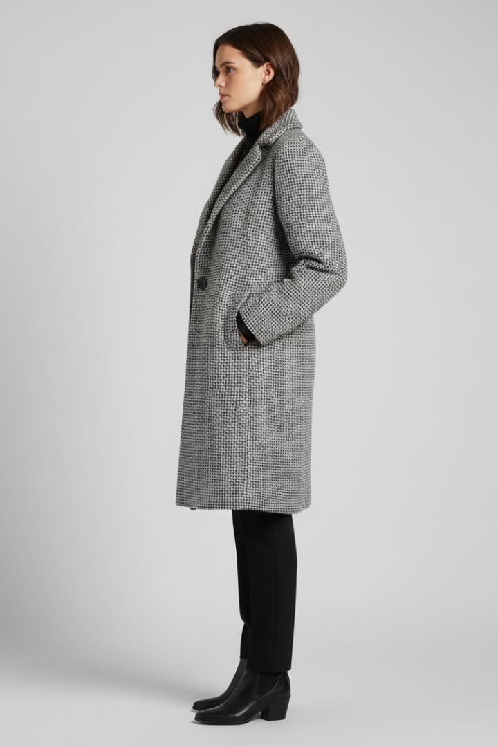 Stylish Grey Herringbone Longline Blazer for Women with Notched Lapel Single Button Woven Texture Tailored Winter Style