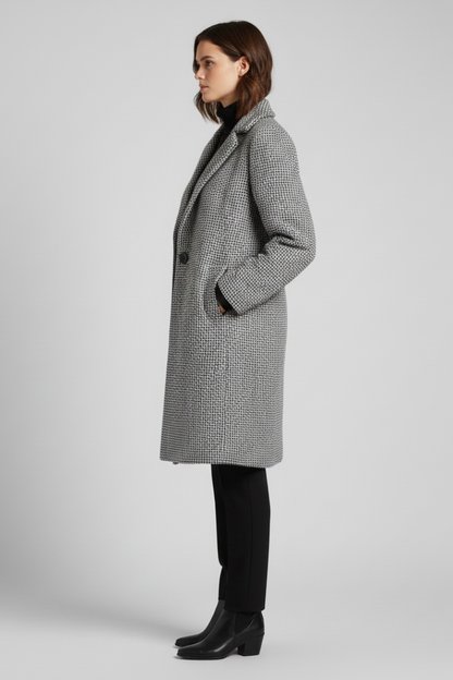 Stylish Grey Herringbone Longline Blazer for Women with Notched Lapel Single Button Woven Texture Tailored Winter Style