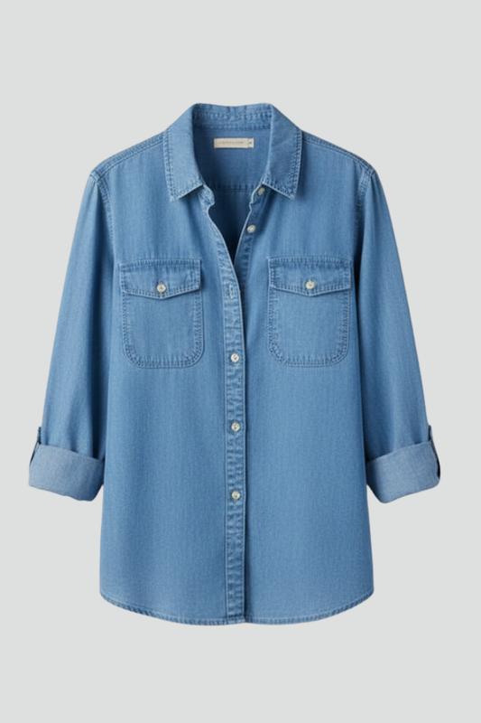 Effortless Blue Chambray Denim Shirt for Women with Collar Long Sleeve Button Front Relaxed Casual Style