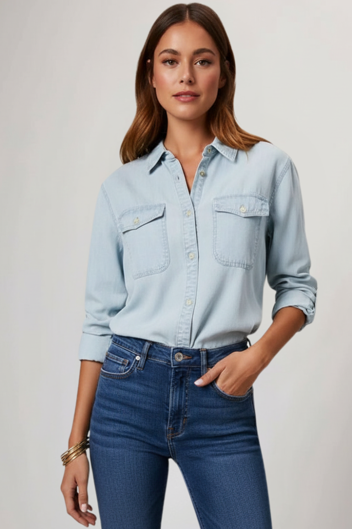 Effortless Blue Chambray Denim Shirt for Women with Collar Long Sleeve Button Front Relaxed Casual Style
