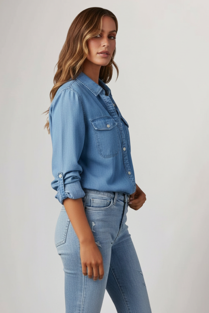 Effortless Blue Chambray Denim Shirt for Women with Collar Long Sleeve Button Front Relaxed Casual Style