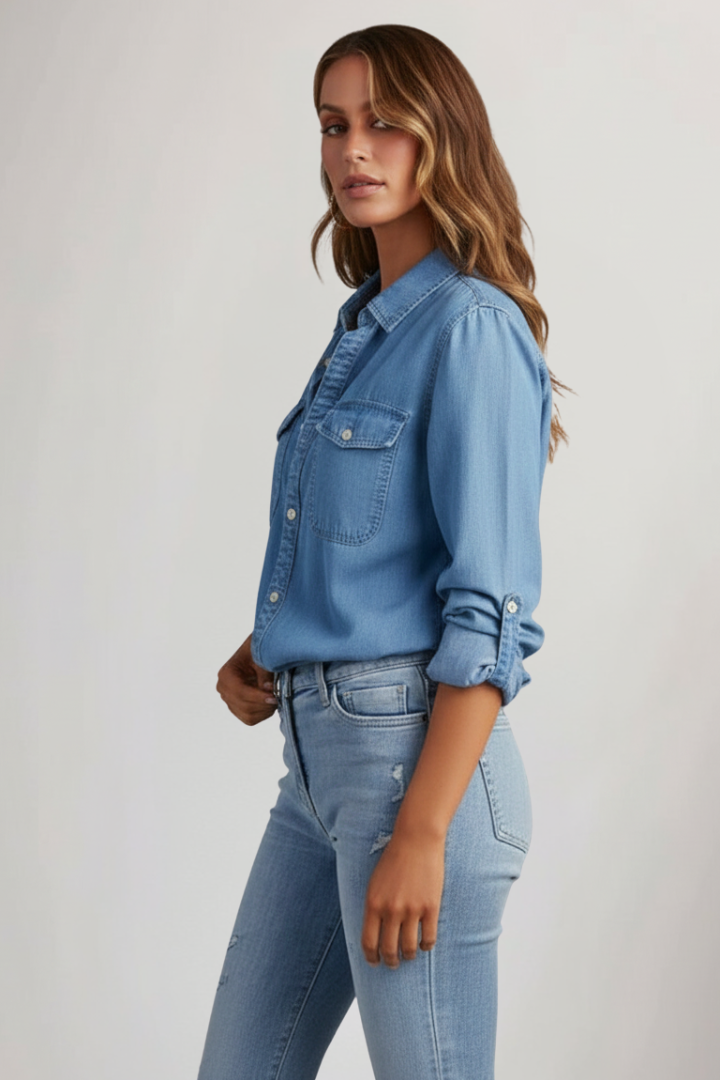 Effortless Blue Chambray Denim Shirt for Women with Collar Long Sleeve Button Front Relaxed Casual Style