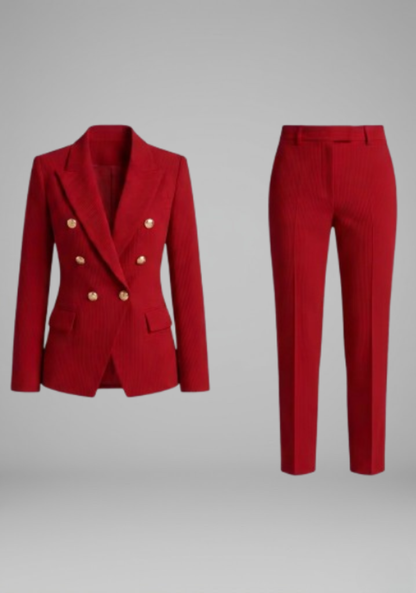 Sophisticated Red Double Breasted Blazer Set for Women with Gold Buttons Two Piece Trouser Suit Office Style