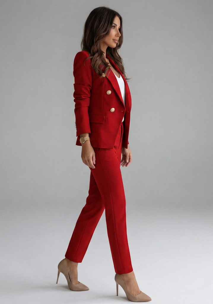 Sophisticated Red Double Breasted Blazer Set for Women with Gold Buttons Two Piece Trouser Suit Office Style