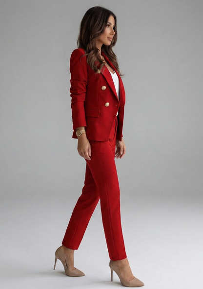 Sophisticated Red Double Breasted Blazer Set for Women with Gold Buttons Two Piece Trouser Suit Office Style