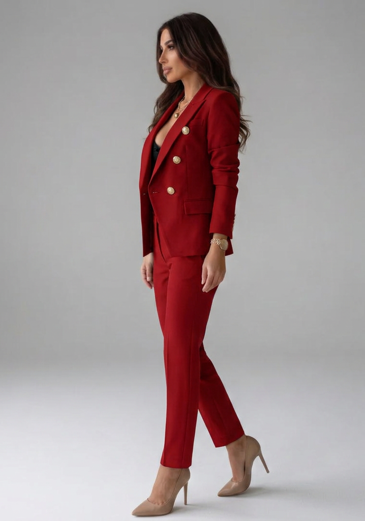 Sophisticated Red Double Breasted Blazer Set for Women with Gold Buttons Two Piece Trouser Suit Office Style