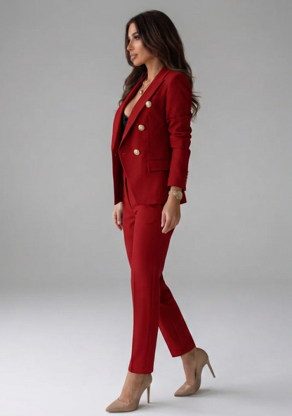 Sophisticated Red Double Breasted Blazer Set for Women with Gold Buttons Two Piece Trouser Suit Office Style