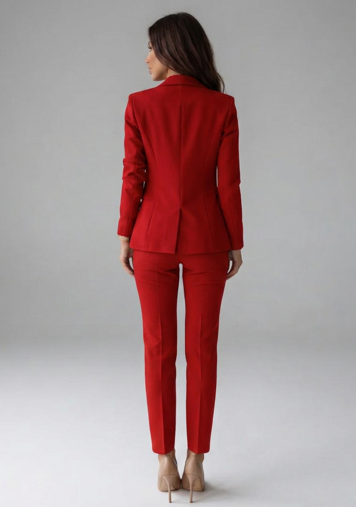 Sophisticated Red Double Breasted Blazer Set for Women with Gold Buttons Two Piece Trouser Suit Office Style