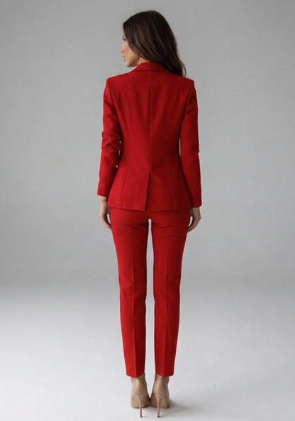 Sophisticated Red Double Breasted Blazer Set for Women with Gold Buttons Two Piece Trouser Suit Office Style