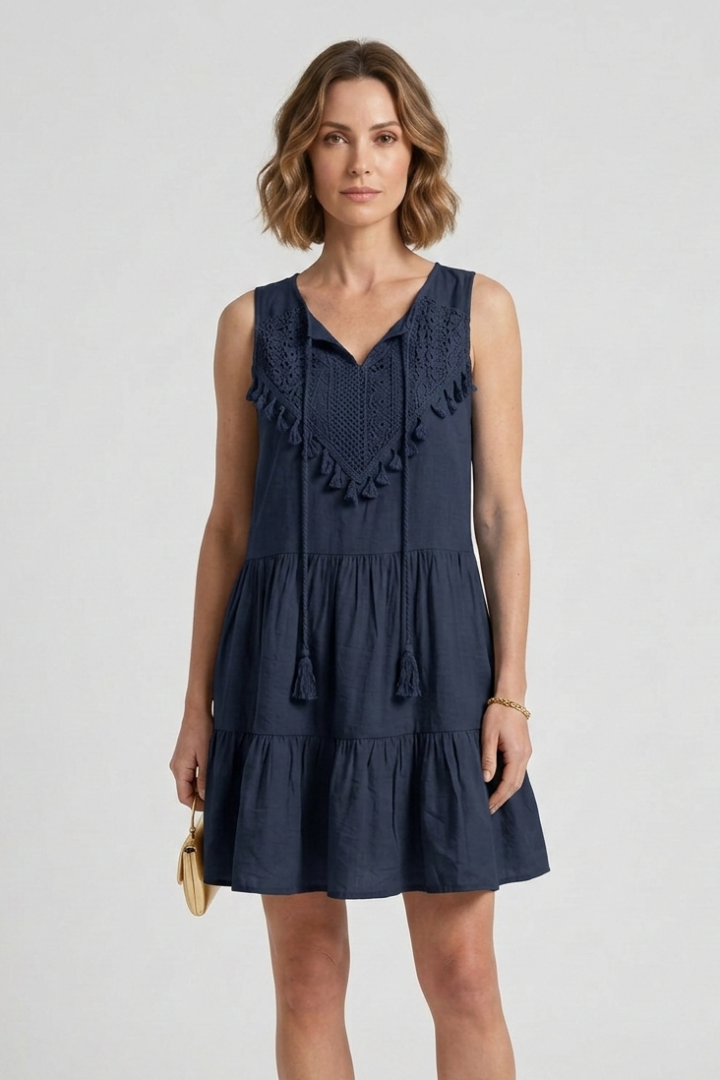Effortless Navy Blue Dress for Women with V Neck Sleeveless Tassel Trim Tiered Bohemian Style