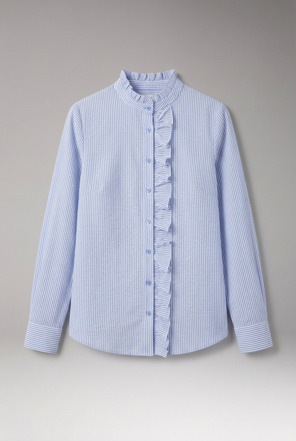 Elegant Striped Blouse for Women with Mandarin Collar Long Sleeve Ruffle Placket Casual Style