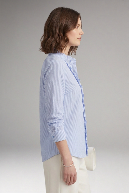 Elegant Striped Blouse for Women with Mandarin Collar Long Sleeve Ruffle Placket Casual Style