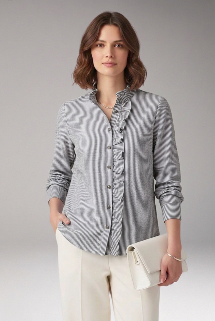 Elegant Striped Blouse for Women with Mandarin Collar Long Sleeve Ruffle Placket Casual Style