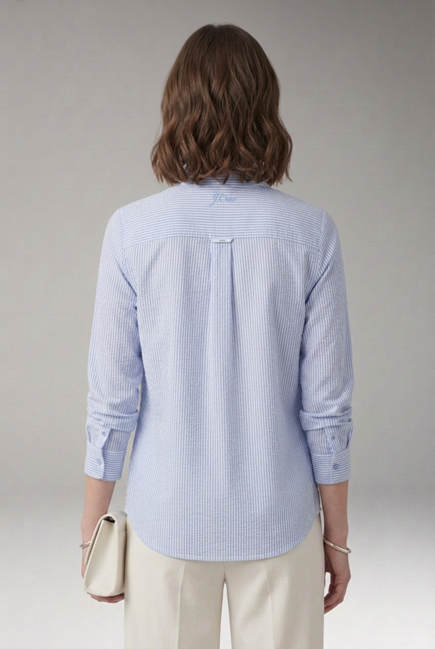 Elegant Striped Blouse for Women with Mandarin Collar Long Sleeve Ruffle Placket Casual Style