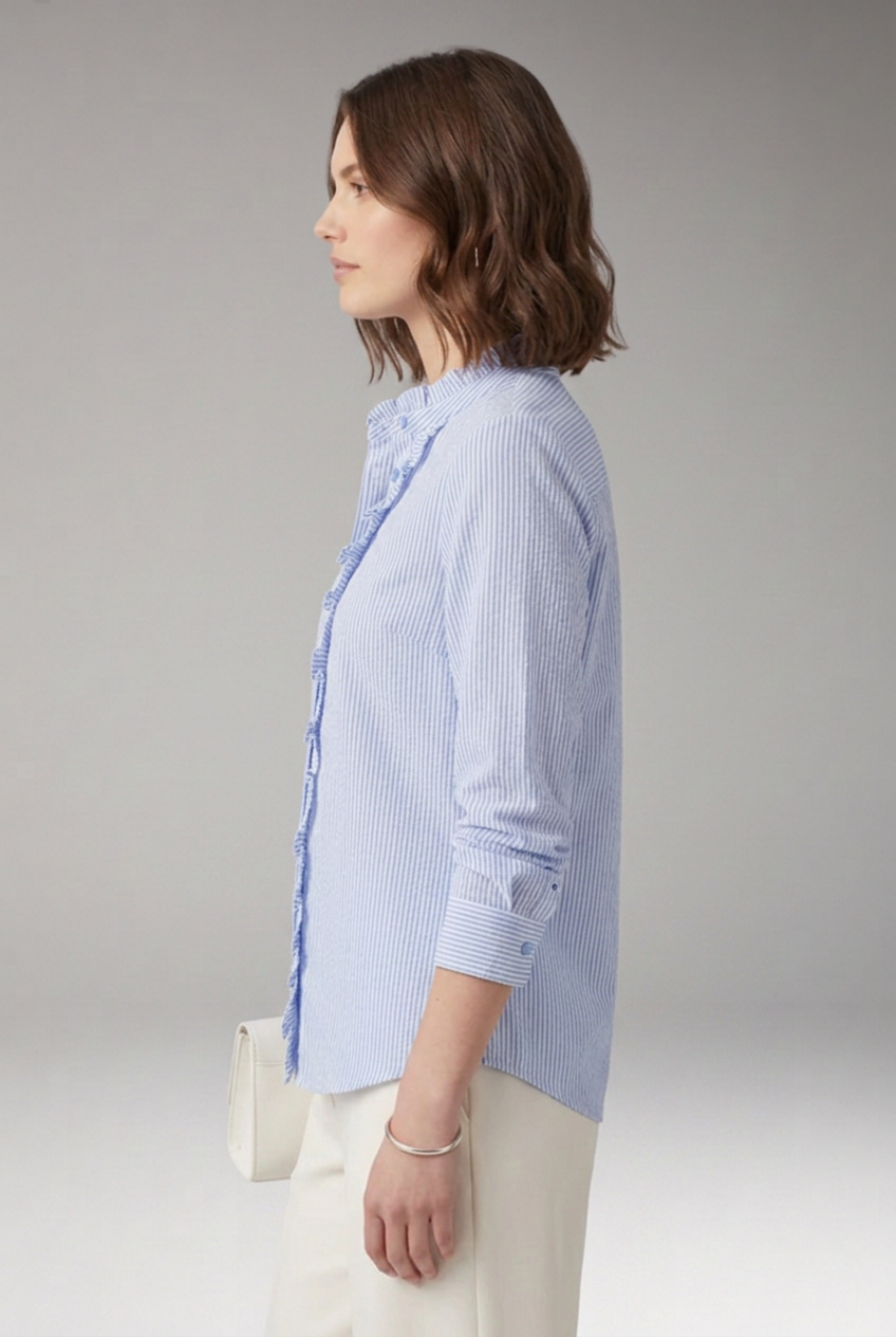 Elegant Striped Blouse for Women with Mandarin Collar Long Sleeve Ruffle Placket Casual Style