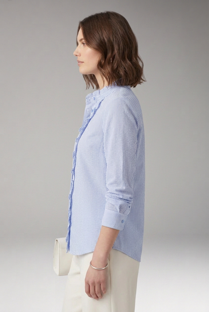 Elegant Striped Blouse for Women with Mandarin Collar Long Sleeve Ruffle Placket Casual Style