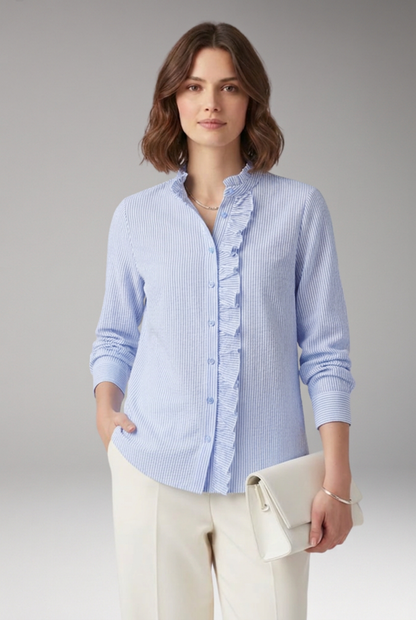 Elegant Striped Blouse for Women with Mandarin Collar Long Sleeve Ruffle Placket Casual Style