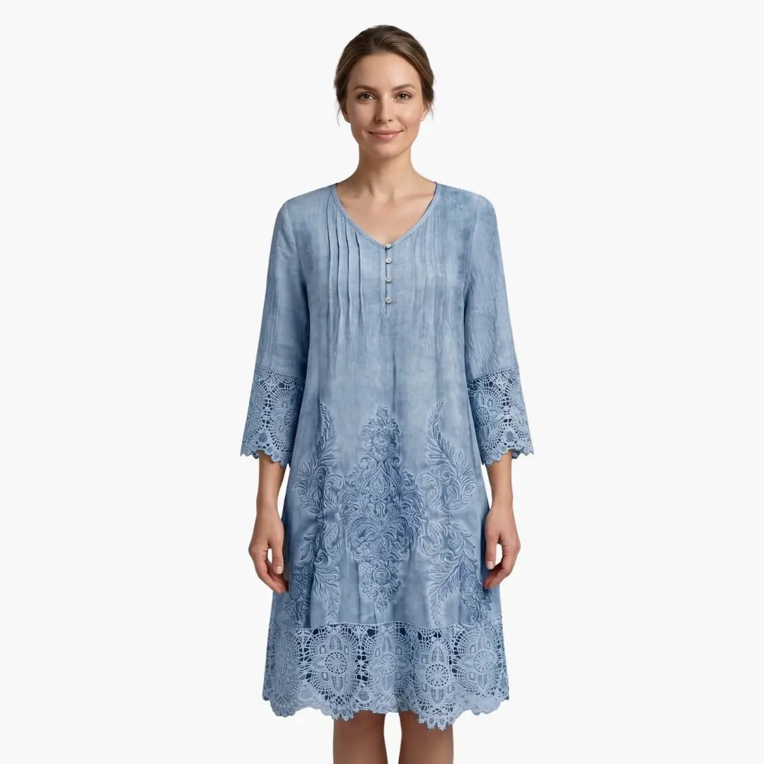 Effortless Embroidered Lace Midi Dress for Women with V Neck Elbow Sleeve Button Front Boho Style
